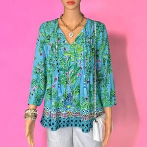 Lilly Pulitzer Marilina Tunic Blouse XS Porto Blue Bamboo Forest Engineered NWT